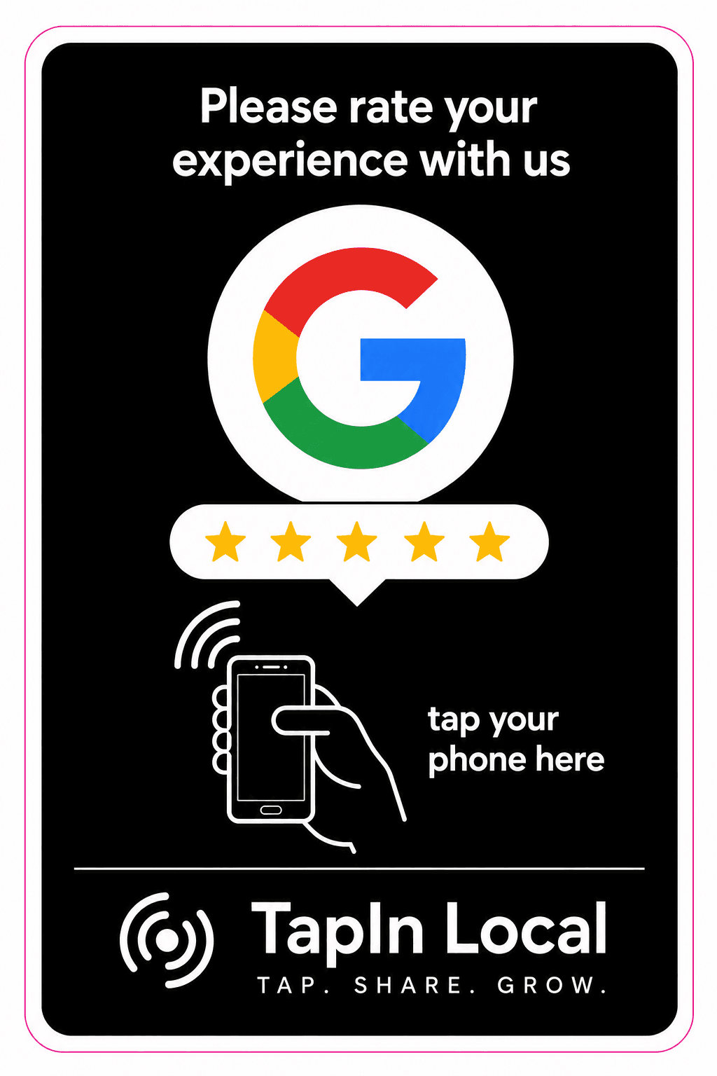 Approved front artwork for the black TapIn Local review stand