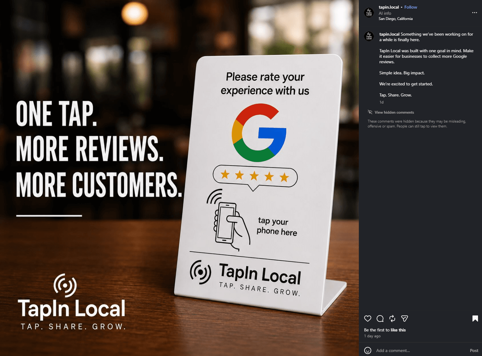 TapIn Local Instagram post announcing NFC Google Review stands