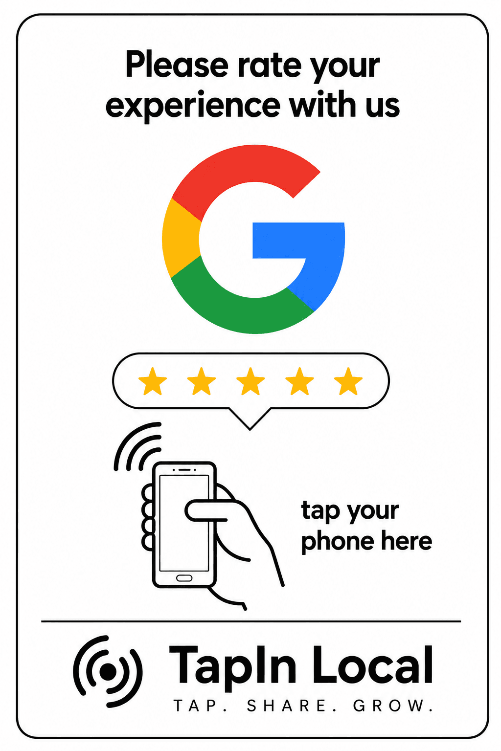 Approved front artwork for the white TapIn Local review stand